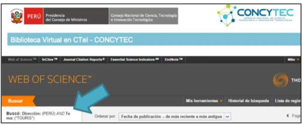 Figura N°2: Búsqueda realizada en Web of Science 