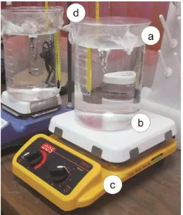 Figura 3.10 Algunos componentes durante el procedimiento de preparación de solución SBF. a) Vaso de precipitados (solución), b) agitador inmerso, c) calentador, d) termómetro. 