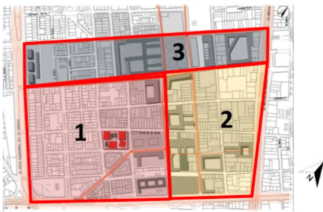 Figura 3 –  Zonas de desarrollo del Plan de Renovación Urbano  Enfoques: 1 social, 2 histórico, 3 administrativo