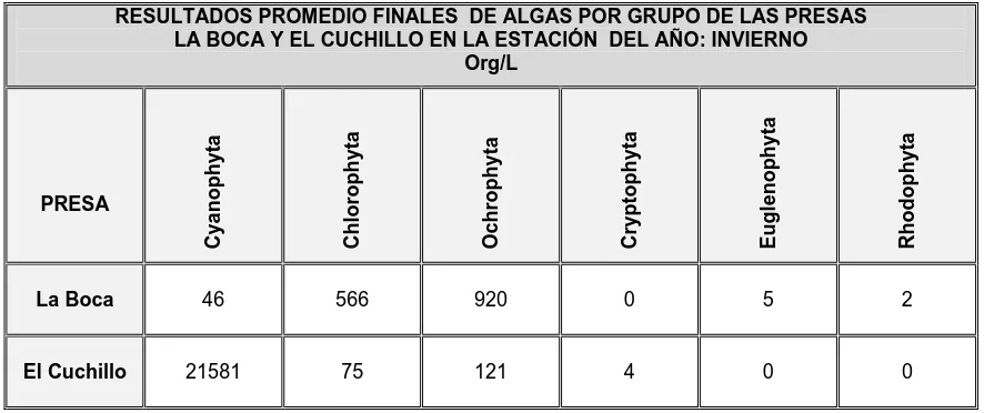 Tabla 3.  Resultados promedio finales de algas por grupo, del agua de las Presas La Boca y El Cuchillo, en la estación del año: invierno