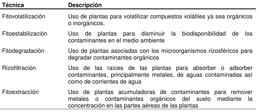 Tabla 1.4 Técnicas de fitoremediación. 