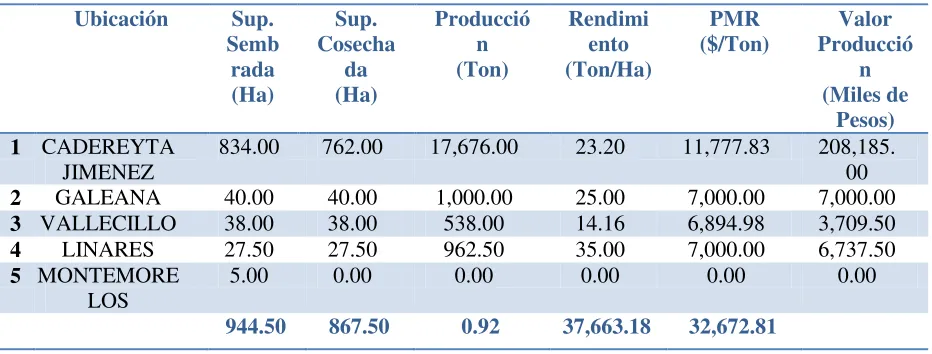 Tabla 1.-Producción de chile en el estado de Nuevo León 