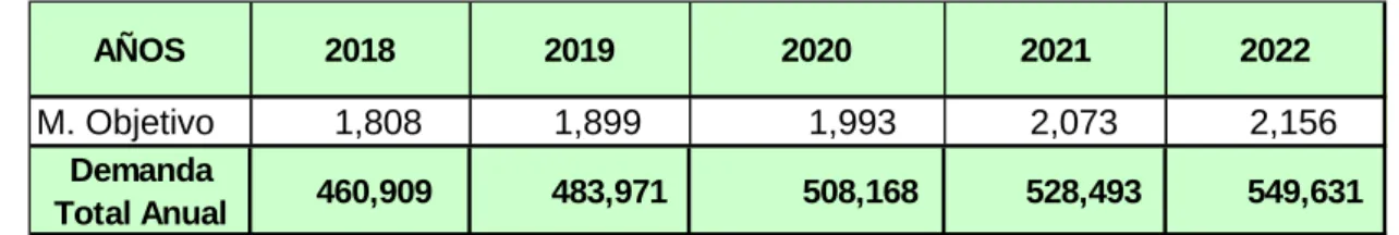 Cuadro 27  Demanda Anual 2018-2022  M. Objetivo         1,808          1,899              1,993          2,073          2,156  Demanda  Total Anual       460,909          483,971             508,168          528,493          549,631   2019202020182021AÑOS