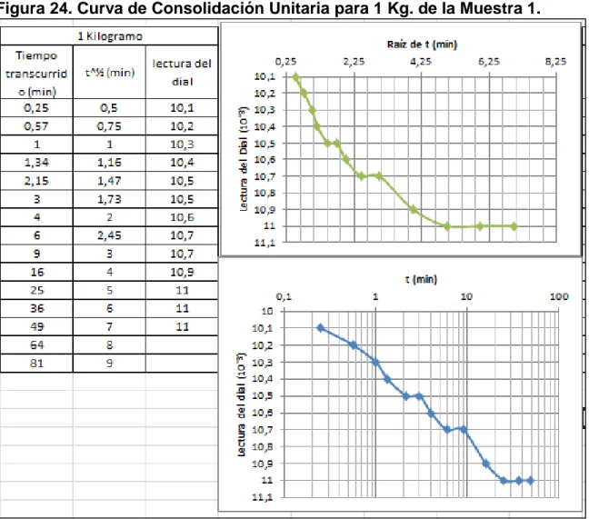 Figura 24. Curva de Consolidación Unitaria para 1 Kg. de la Muestra 1. 