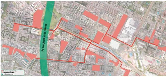 Figura 6 Conexiones propuestas a nivel barrial, área de influencia 16 km 2  Fuente: Plano base IDECA con  intervención de elaboración propia (2019) (CC-BY-NC-ND)  