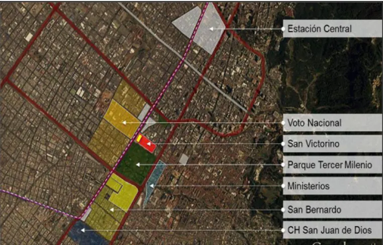 Figura 4. Localización de los 6 proyectos de renovación urbana en el Centro Tradicional