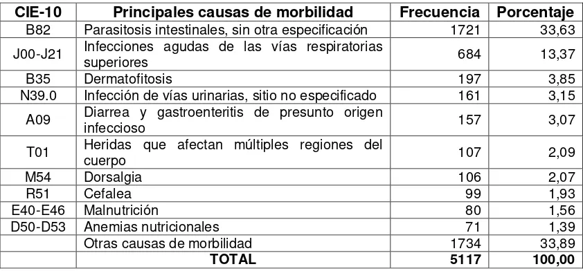 Tabla 3. Principales causas de morbilidad del cantón Yacuambi del año 2011