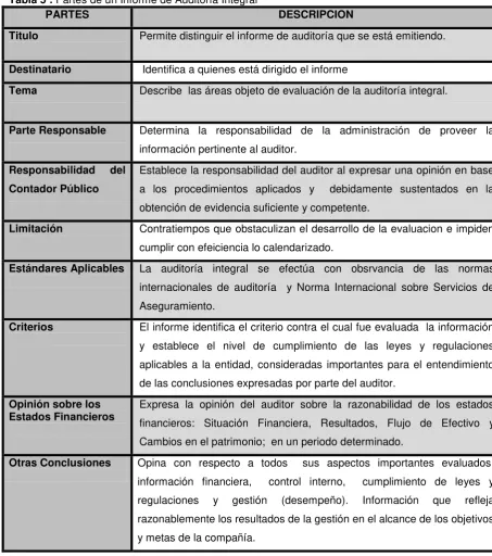Tabla 5 : Partes de un Informe de Auditoría Integral 