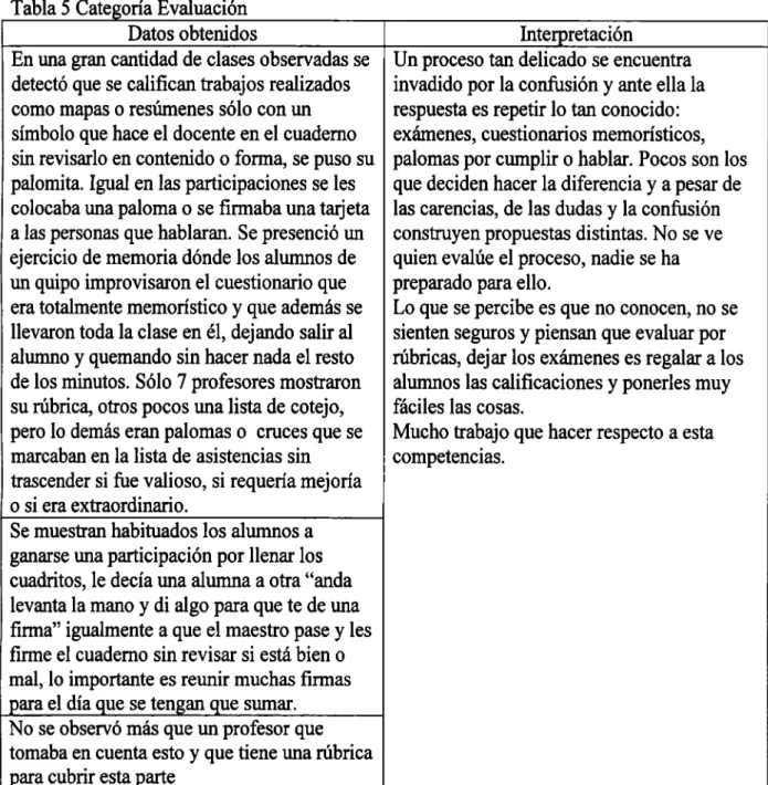 Tabla 5 Categoría Evaluación  Datos obtenidos 