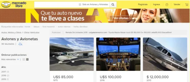 Figura 3. Portales Web para Venta de Aeronaves. Tomado de la página web especializada  mercado libre, 2016