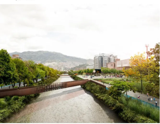 Figura 3. Propuesta sobre el Rio Medellín  Fuente: https://www.archdaily.co/co/02-320551/primer-lugar-concurso-publico-internacional-de-anteproyectos- 