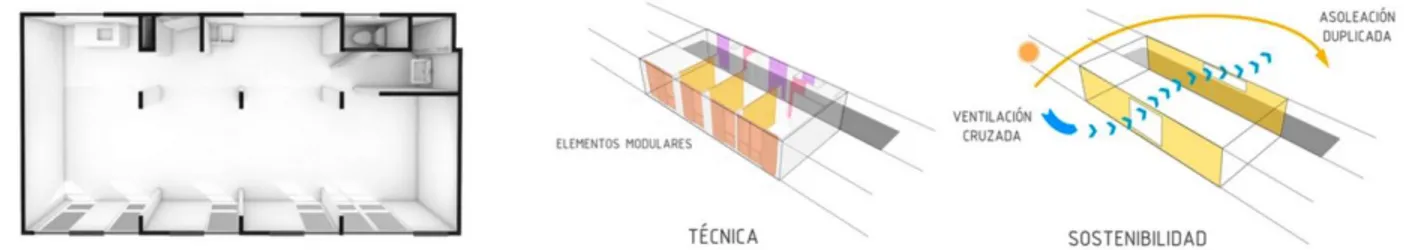Figura 11. Esquema unidad básica y características de los módulos. Fuente: MGP Arquiectura y Urbanismo , Plancha 6 en  concurso Plaza de la Hoja, 2013