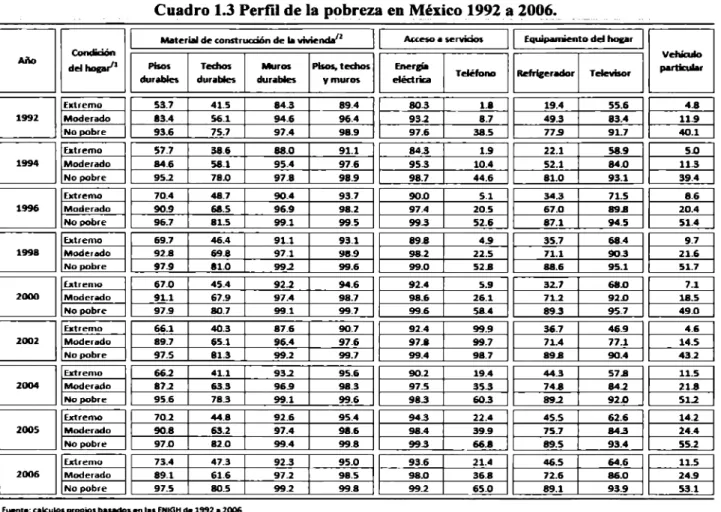Cuadro 1.3 Perfil de la pobreza en México 1992 a 2006. 