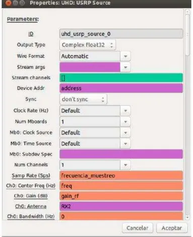 Figura 4.5. Configuración del bloque UHD: USRP Source.  Fuente: Imagen propia de los autores