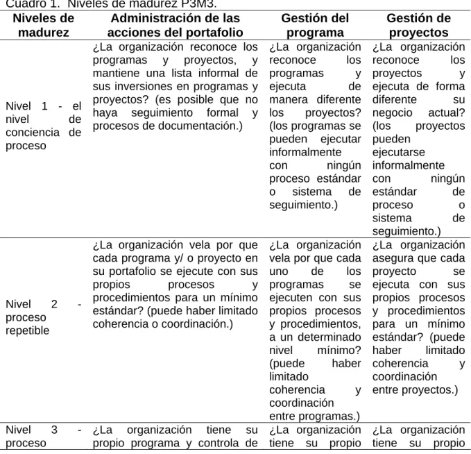 Cuadro 1.  Niveles de madurez P3M3. 