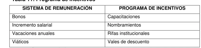 Tabla 11: Programa de incentivos 