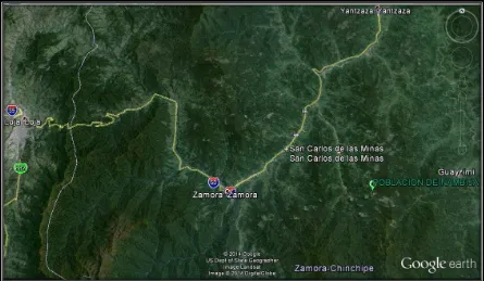 Figura 2. Mapa de acceso al pueblo de Nambija. Fuente: Google Earth. 