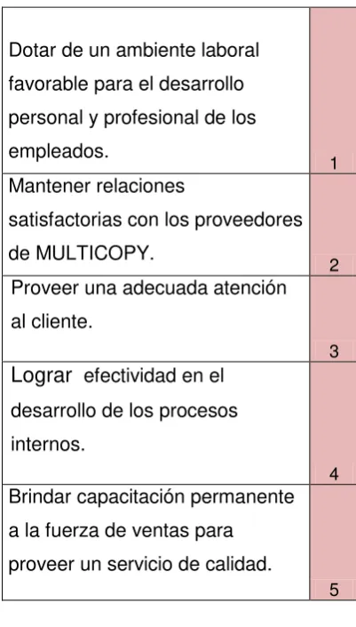 Tabla 8: Puntajes para establecer la relación entre objetivos y requisitos del cliente