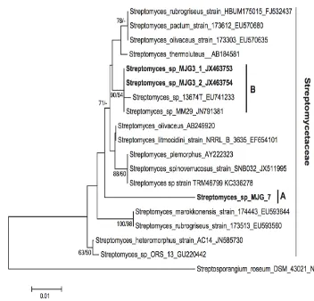 Figura 7. Hipótesis filogenética para 16S parcial inferida mediante Neighbor joining y Maximun Likelihood
