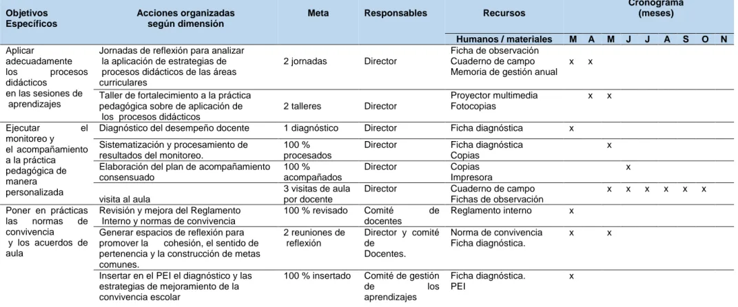 Tabla N°2: Matriz de la implementación de plan de acción: cronograma, responsables y recursos humanos 