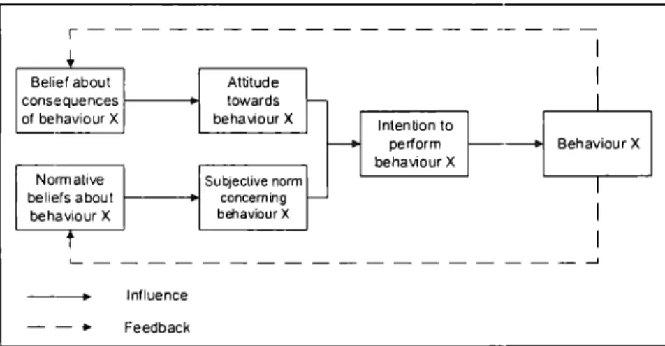 Figure 2.2  Framework to  predict specific intentions and  behaviours. Adapted  from  Fishbein and  Ajzen  (1975)