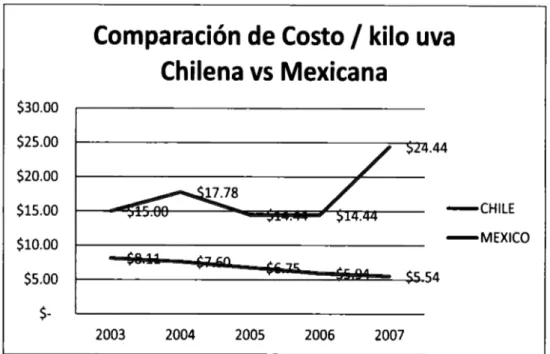 Figura  l.  Comparación de  uva variedad Tbomson Seedless, costos de producción  en  los años, 2003 a  2007