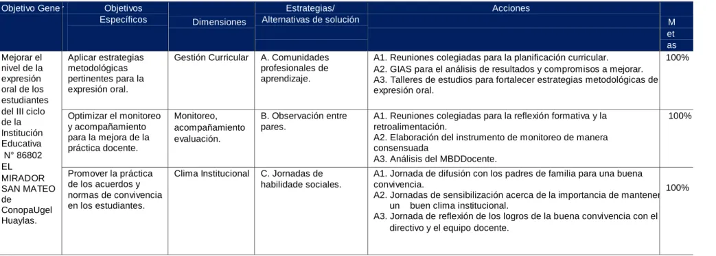 Tabla N° 02: Matriz de la implementación de plan de acción: cronograma, responsables y recursos humanos   