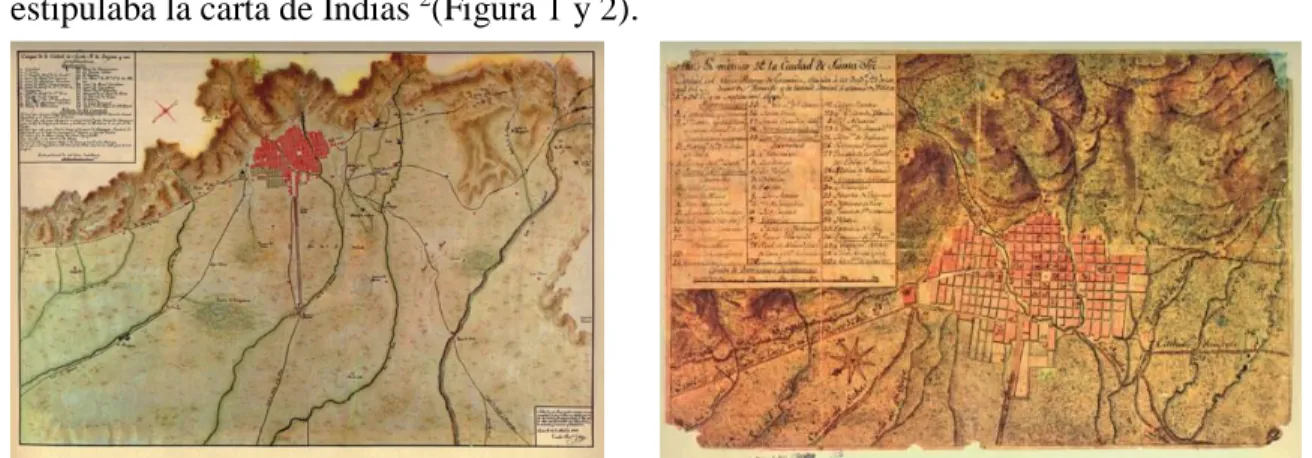 Figura 1.y  2.  1797. Croquis de la ciudad de Santa Fe de Bogotá y Plano geométrico de la ciudad de Santa Fe  Fuente: Atlas histórico de Bogotá 2010 