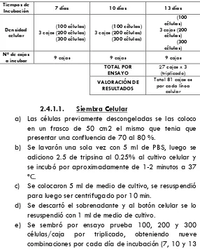 Tabla 2.1. Esquema de trabajo para estandarizar tiempos de incubación y densidades celulares, pre-tratamiento