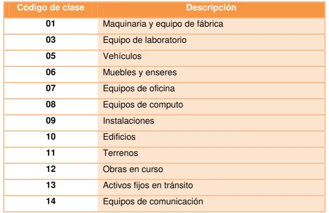 Tabla 2. Códigos de clases de activos fijos 