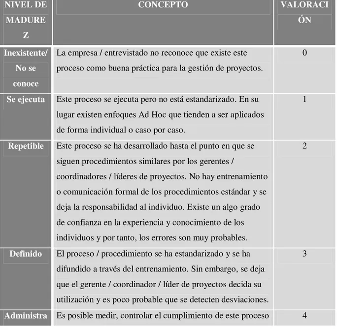 Tabla 3. Procesos de gestion de proyectos   NIVEL DE  MADURE Z  CONCEPTO  VALORACIÓN  Inexistente/  No se  conoce 