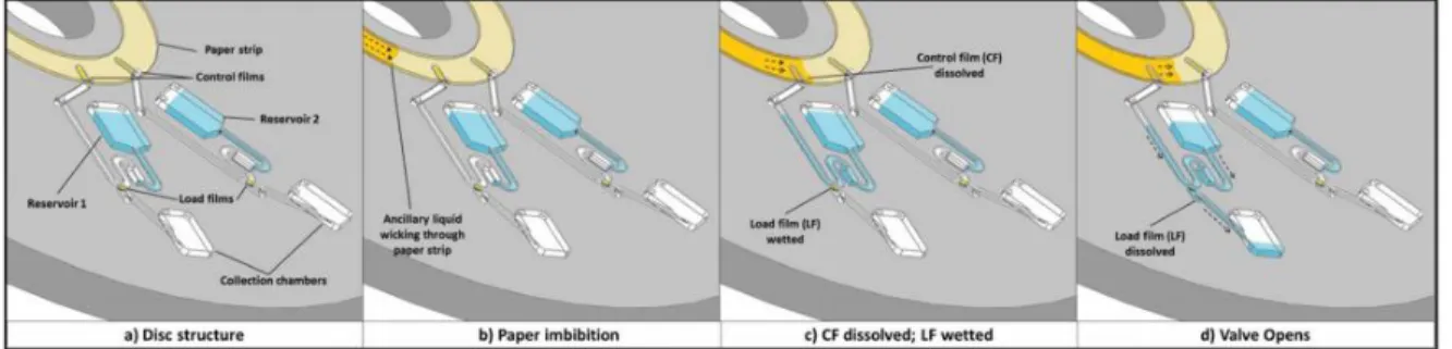Figure 8. Detailed example of hydrophobic valve design. By externally wetting a paper control film the barrier  dissolves and allow liquid flow [27].