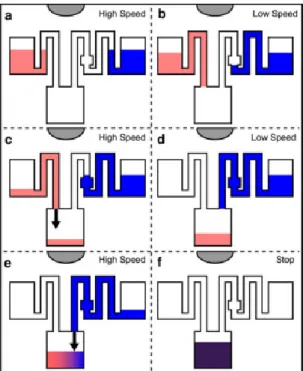 Figure 9. Principle of executing reagent adding sequences by the use of single or double syphon valves and by  controlling rotation speed [35].