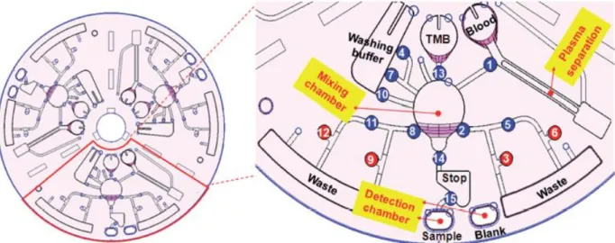 Figure 31. Layout of centrifugal device used for fully automated direct ELISA implementation for HBV detection