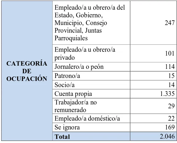 TABLA 16 CATEGORÍAS DE OCUPACIÓN EN EL CANTÓN LOGROÑO 