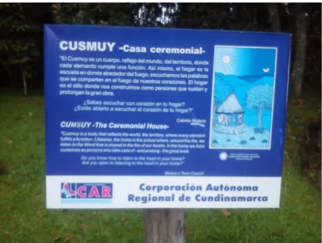 Figura  10.  Letrero  a  la  entrada  del  Cusmuy  laguna  Guatavita.  Fuente:  Fotografía  estudiantes Universidad Católica de Colombia