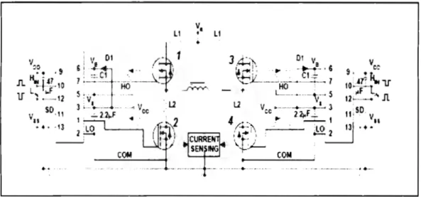 Figura  13.  Puente H utilizado para controlar el  sentido del giro del  motor  Para  controlar  los  MOSFETS  del  circuito  mostrado  en  la  figura  13  se  genera  una  señal  cuadrada  la  cuál  es  inyectada  a  las  terminales  de  High  Side channe