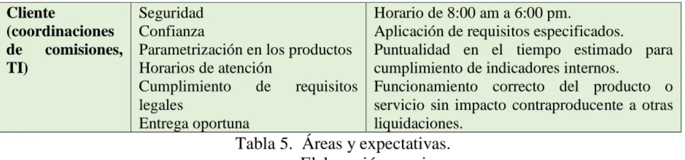Tabla 5.  Áreas y expectativas.  