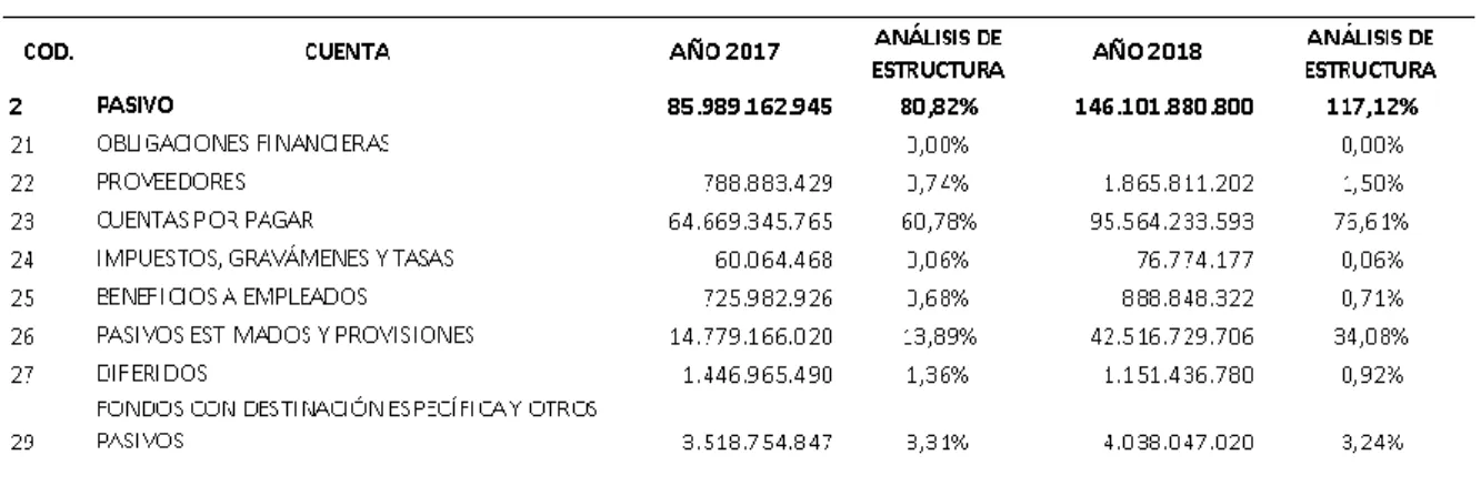 Tabla 6 Estructura Estado de Situación Financiera – Pasivos años 2017 y 2018