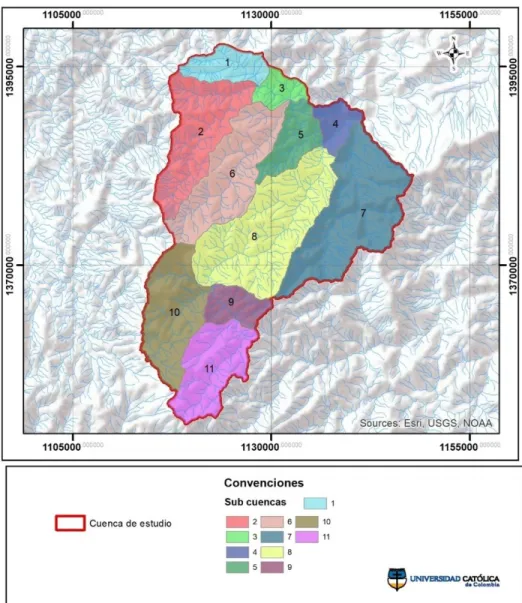 Figura 4. Subcuencas delimitadas en la cuenca del río Sardinata. Fuente: Elaboración propia 