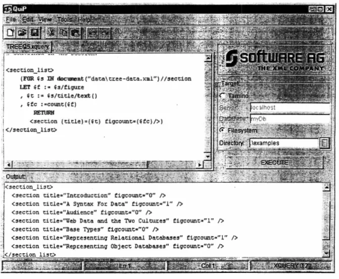 Figura 2.11  Ejemplo de consulta en XQuery utilizando QuiP 