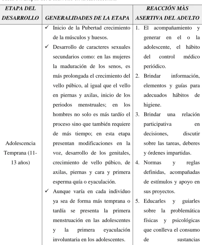 Tabla 14. Etapas del Desarrollo en la Adolescencia  ETAPA DEL 