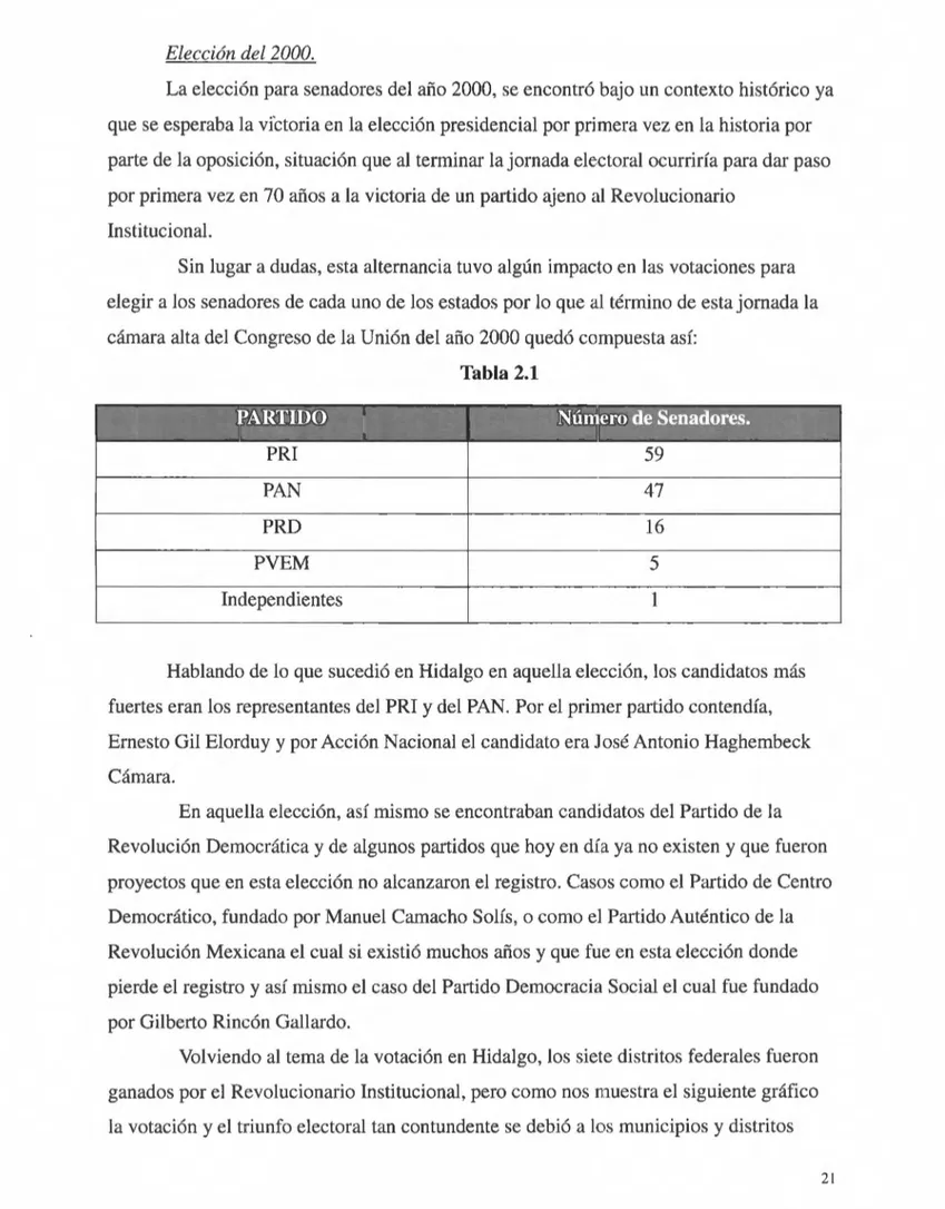 Tabla 2.1  •  •  •  •  •  ero~ de-,Senadores.'··.  \:::  ·,~  .  ·_ ·_:~  -_  _ ' : : ! _ : _ _ ~   PRI  59  PAN  47  PRD  16  PVEM  5  Independientes  1 