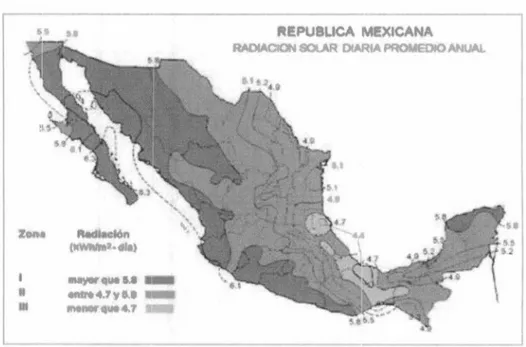 Figura  1-3 Radiaciém  Solar promedio anual. Republica  Me\icana. Fuente:  Instituto de  Investigaciones  Eléctricas