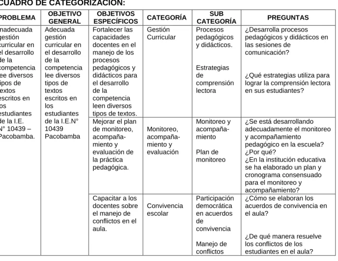 CUADRO DE CATEGORIZACIÓN: 