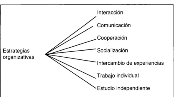 Figura 2.17  Estrategias  organizativas  Estrategias organizativas Interacción  Comunicación Cooperación  Intercambio de experiencias  Trabajo  individual  Estudio  independiente 