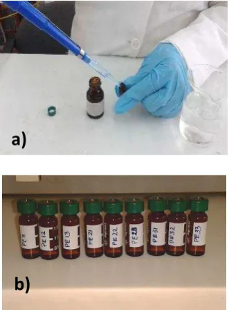 Figura 11. a) Preparación de las muestras para las corridas. b) Viales listo para la inyección.Fuente: La Autora 