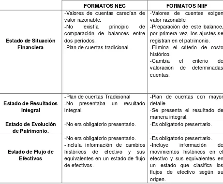 Tabla 1: Diferencias formatos NEC - NIIF