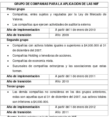 CUADRO 1.3 Grupo de compañías para la aplicación de las NIIF 