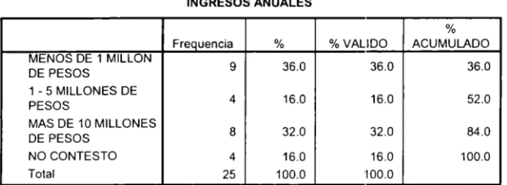 Tabla  6.2.5  Ingresos anuales 